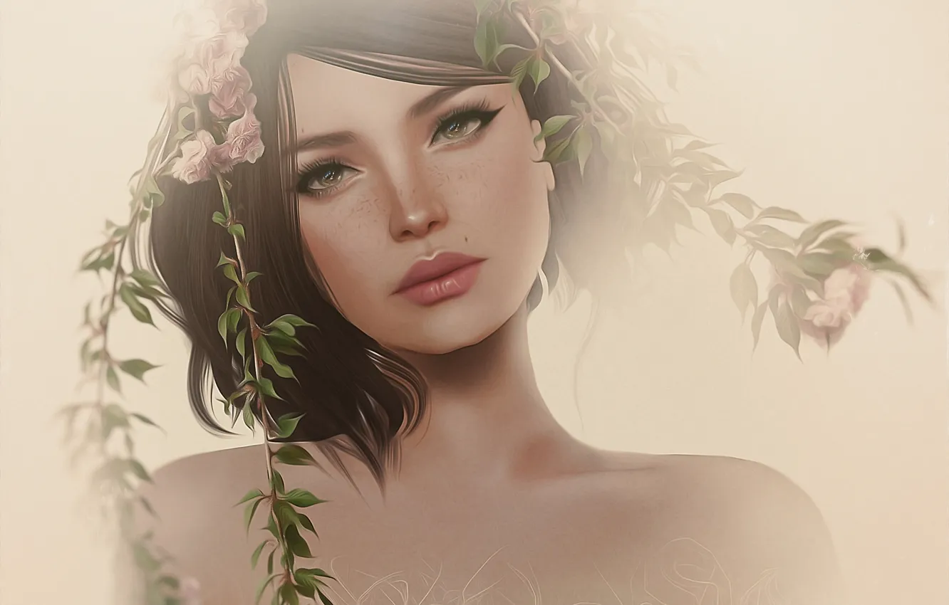 Photo wallpaper girl, flowers, face, portrait