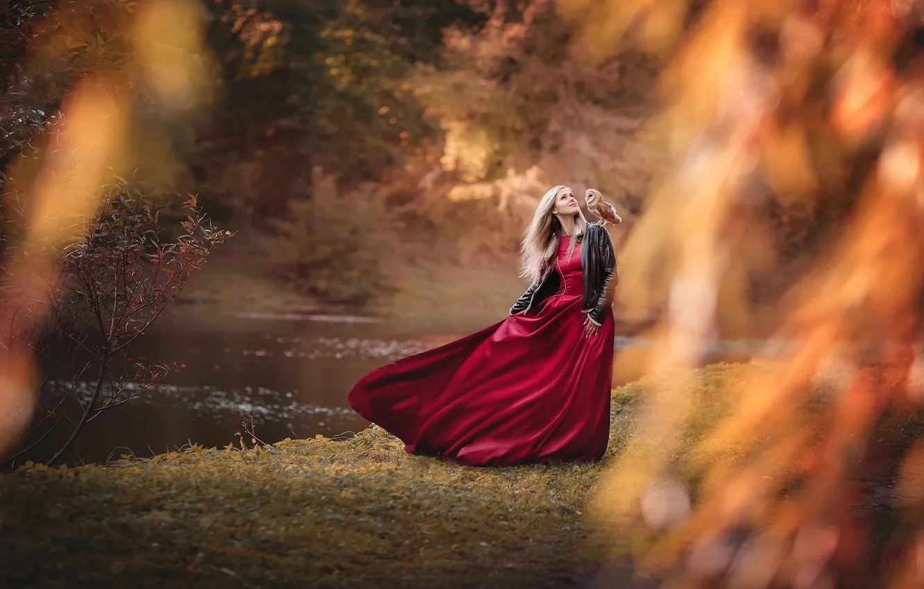 Photo wallpaper autumn, leaves, girl, pose, lake, Park, owl, bird