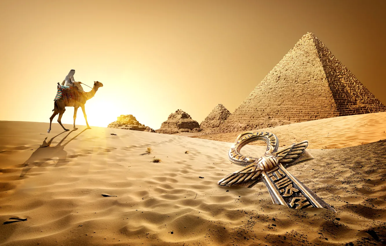 Photo wallpaper Sand, Egypt, Camels, Cairo, Desert, Sunrises and Sunsets
