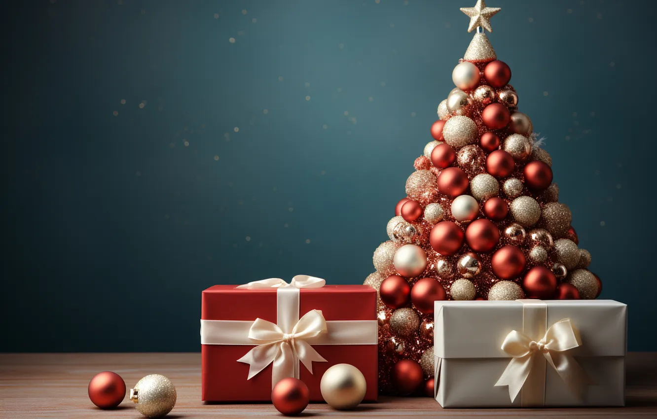 Photo wallpaper gift, tree, new year, Christmas, Christmas, tree, decoration, Gift Boxes