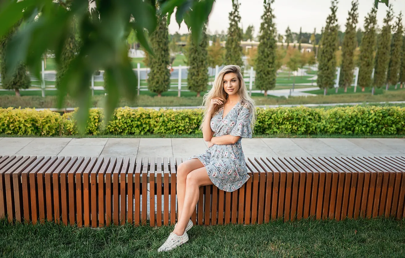 Photo wallpaper trees, dress, blonde, legs, sitting, A Diakov George, Elena Korovaina