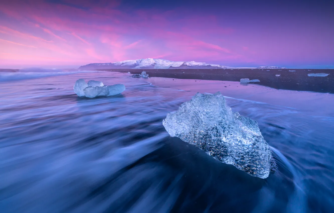 Photo wallpaper sea, sunset, mountains, ice, Iceland, Iceland, Jökulsárlón, the glacial lagoon