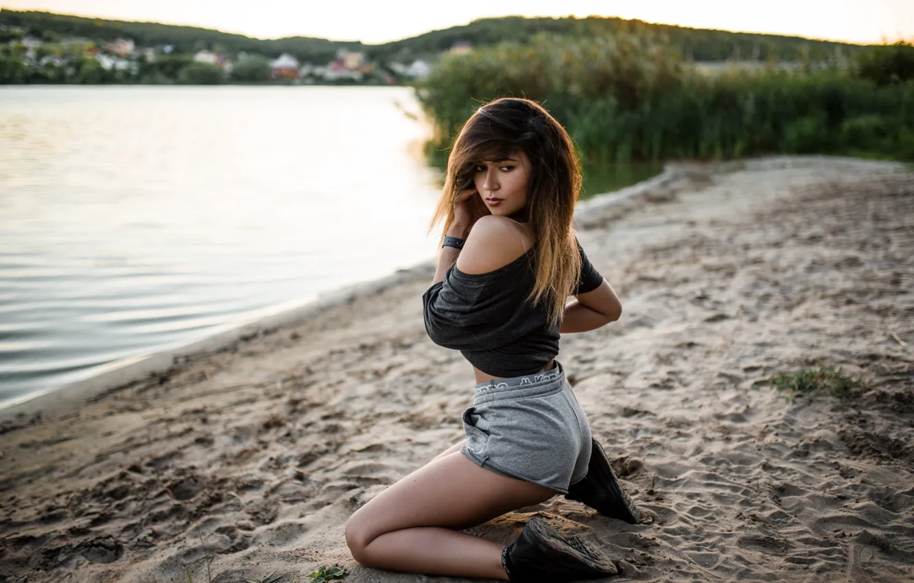 Photo wallpaper sand, nature, pose, river, model, shorts, portrait, makeup