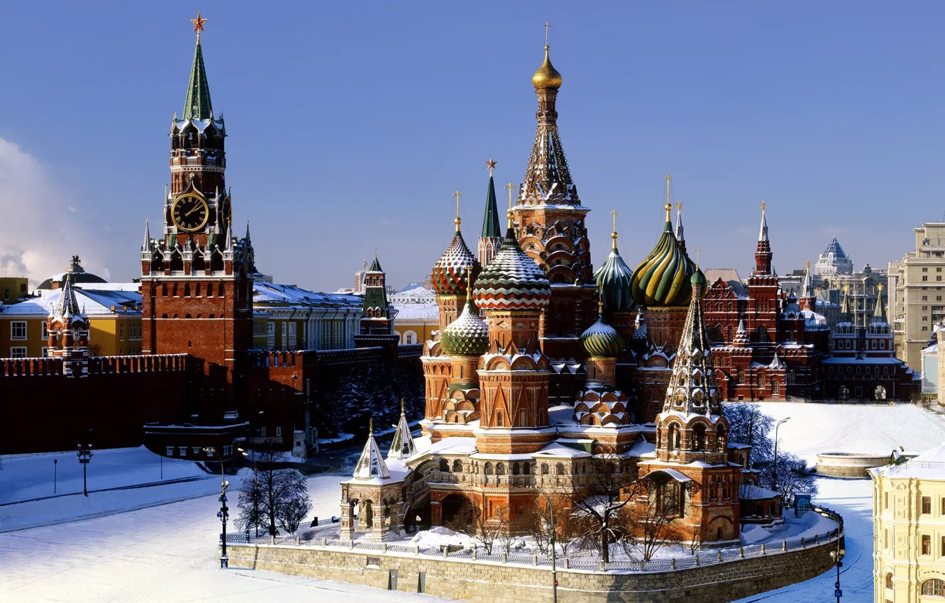 Photo wallpaper winter, snow, Moscow, The Kremlin, St. Basil's Cathedral, Pokrovsky Cathedral