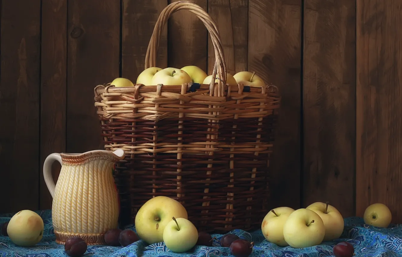 Photo wallpaper basket, apples, pitcher, still life