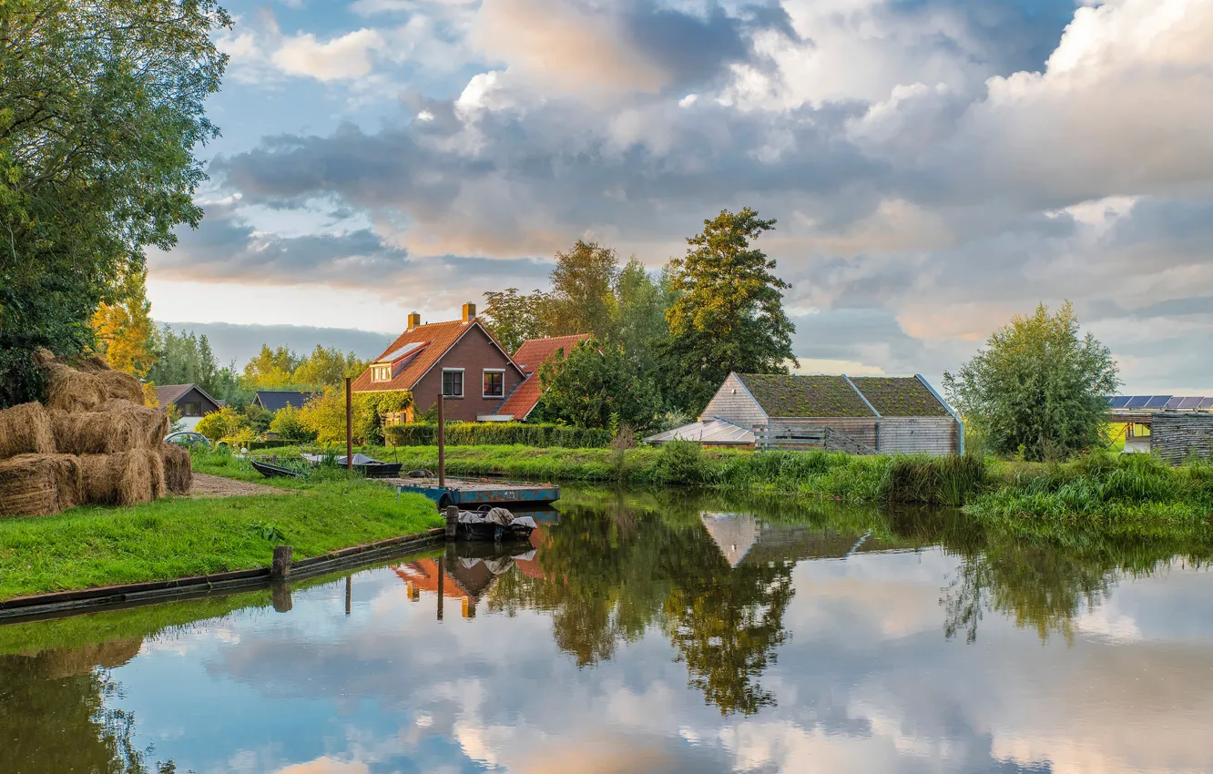 Photo wallpaper autumn, the sky, grass, the sun, clouds, trees, boat, the evening
