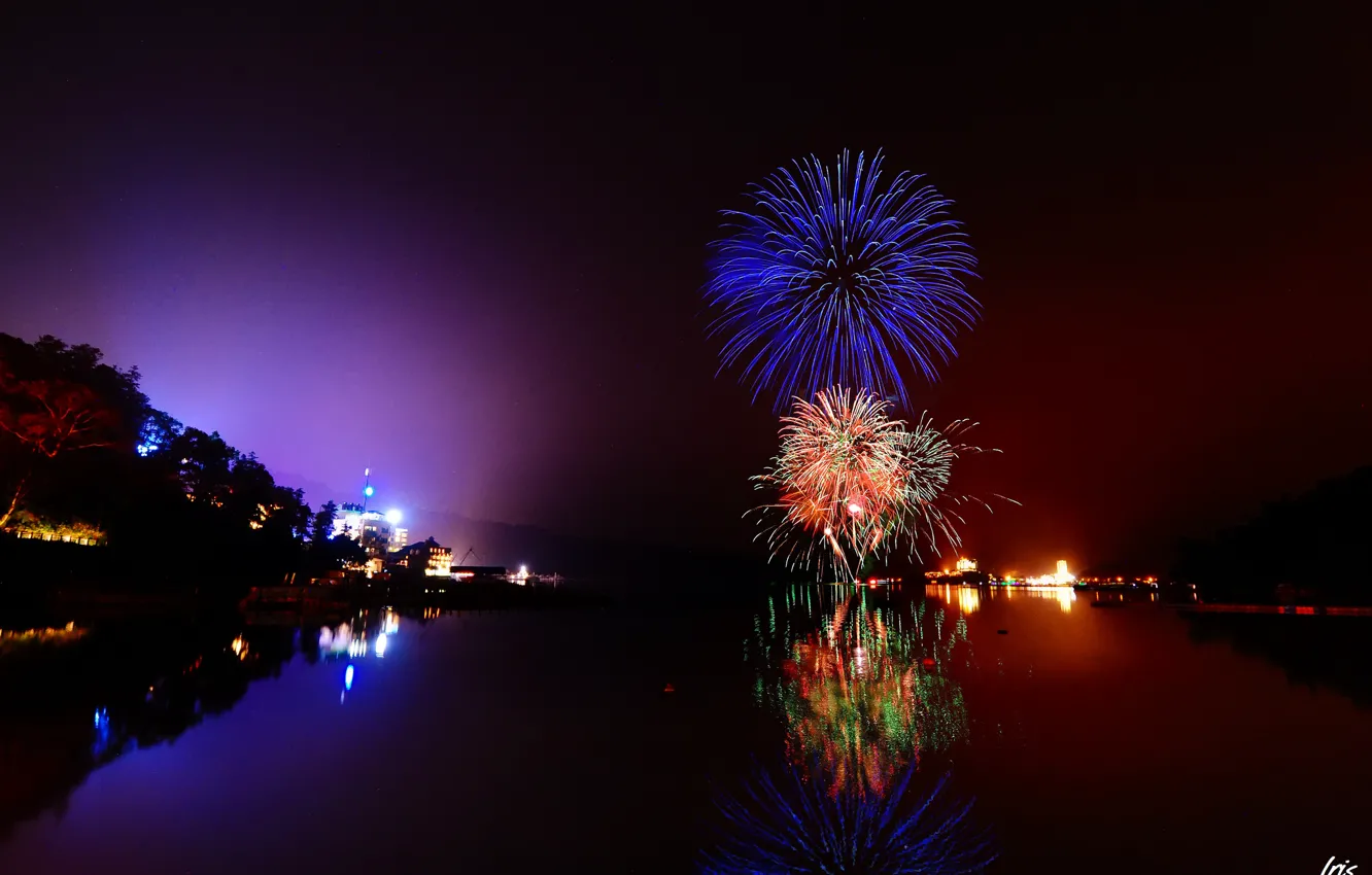 Photo wallpaper night, the city, lights, lake, river, fireworks
