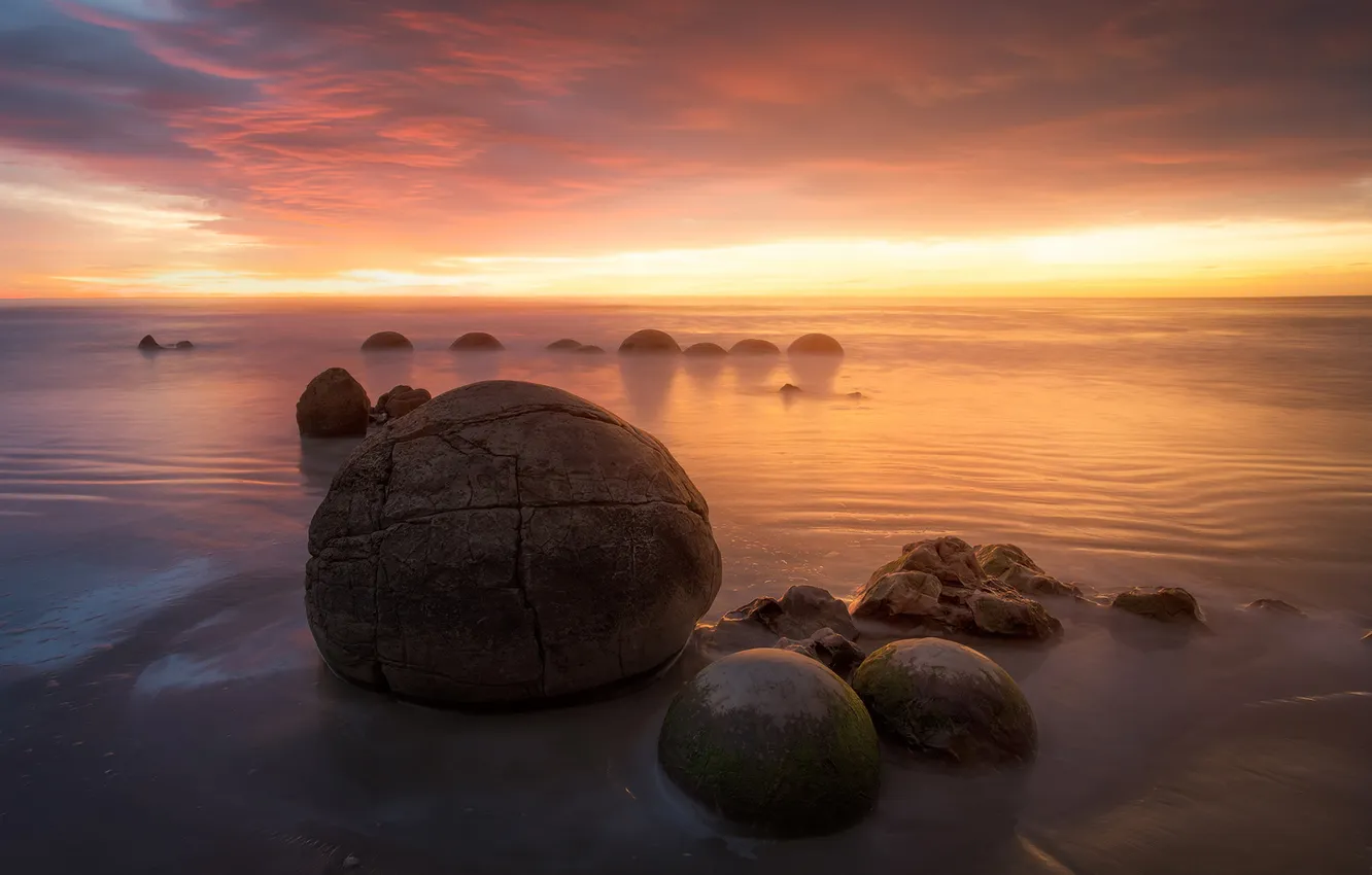 Photo wallpaper sea, the sky, sunset, stones, New Zealand