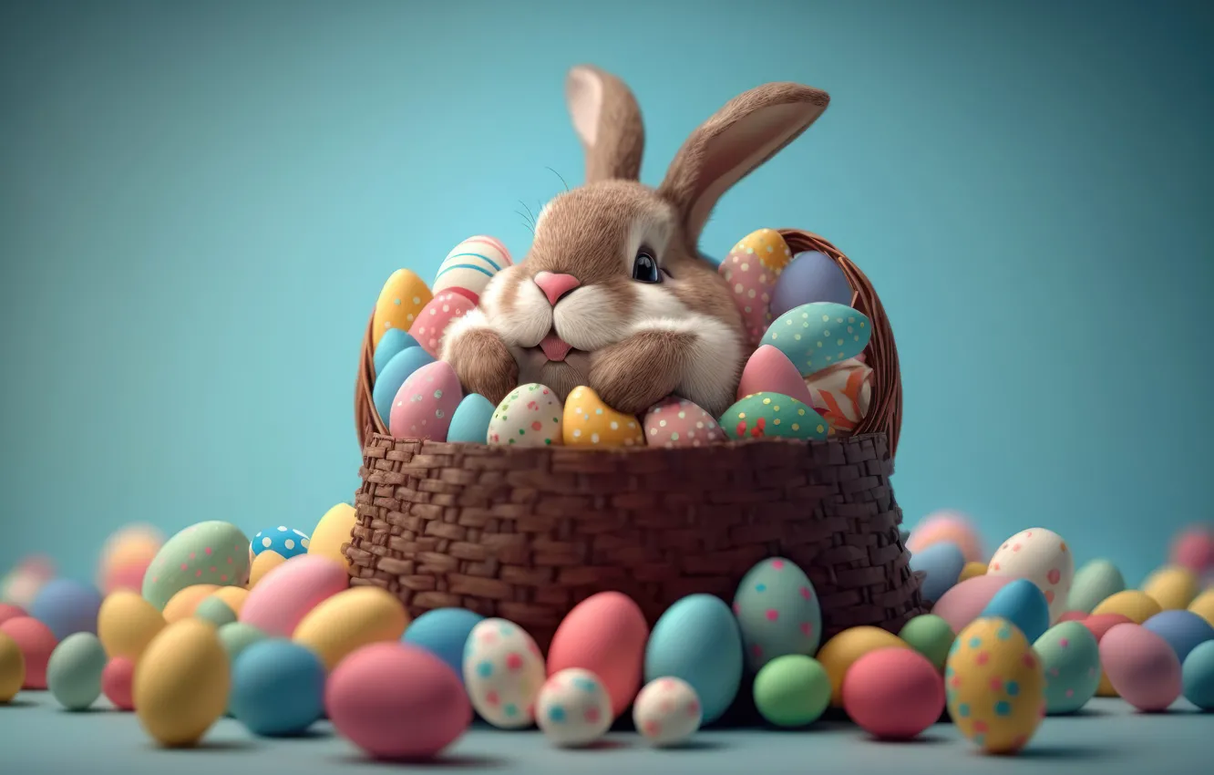 Photo wallpaper background, basket, eggs, rabbit, Easter, basket, colorful, eggs