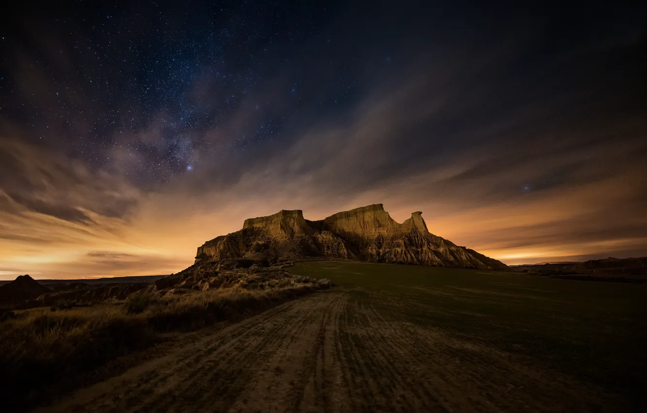 Photo wallpaper field, the sky, stars, mountains