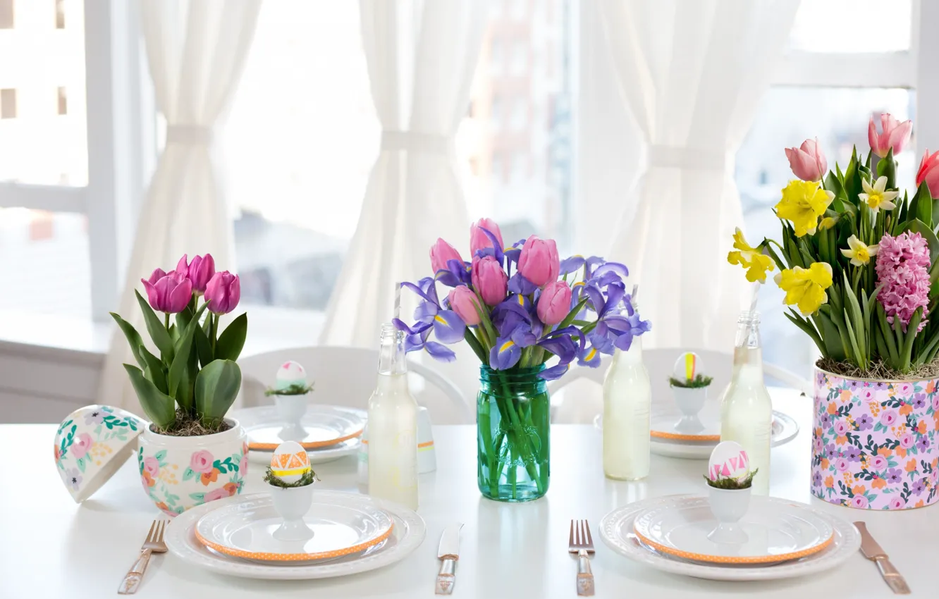 Photo wallpaper flowers, table, holiday, Easter, tulips, decor, table, bouquets