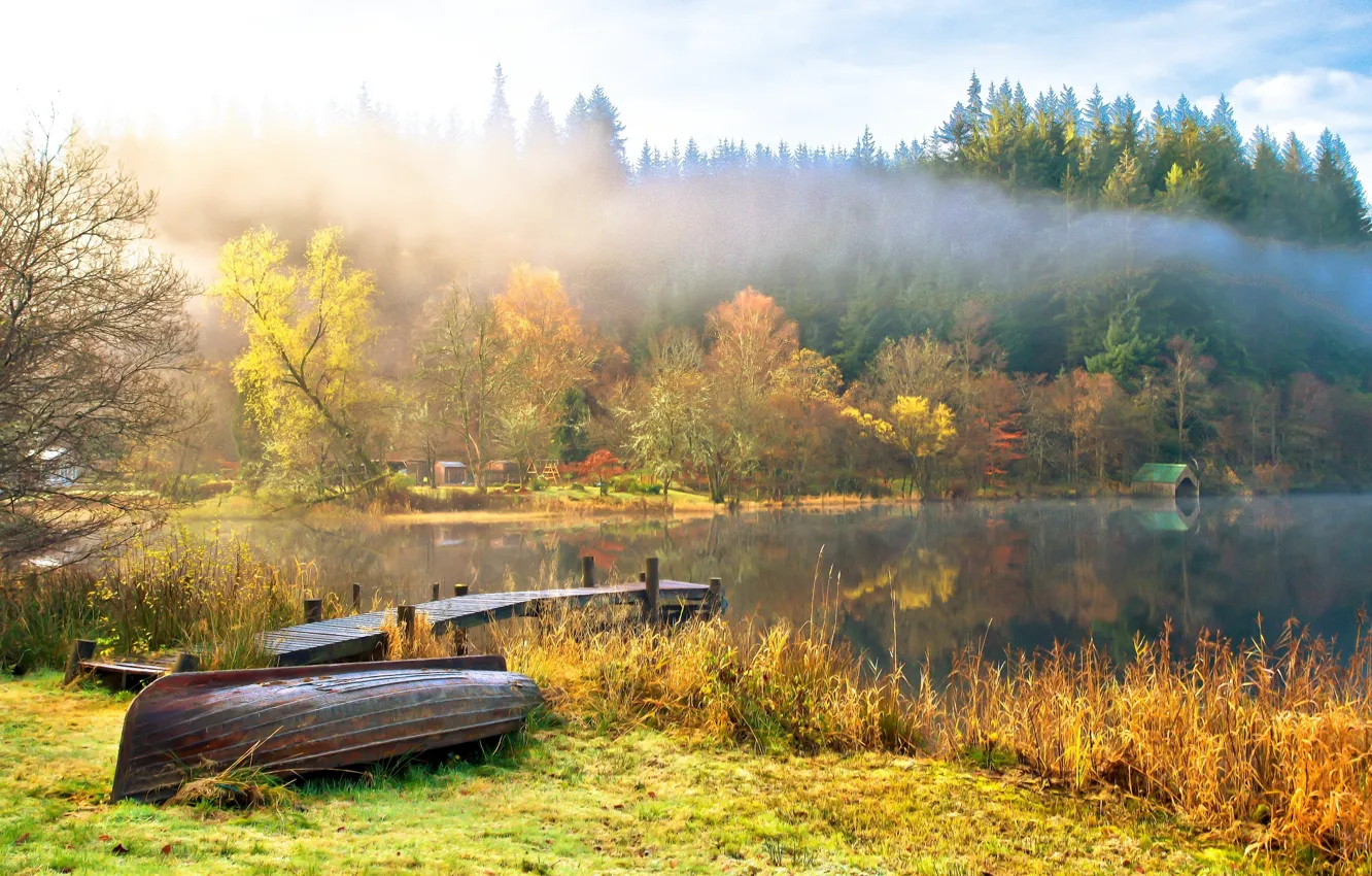 Photo wallpaper autumn, the sky, water, clouds, trees, landscape, nature, lake