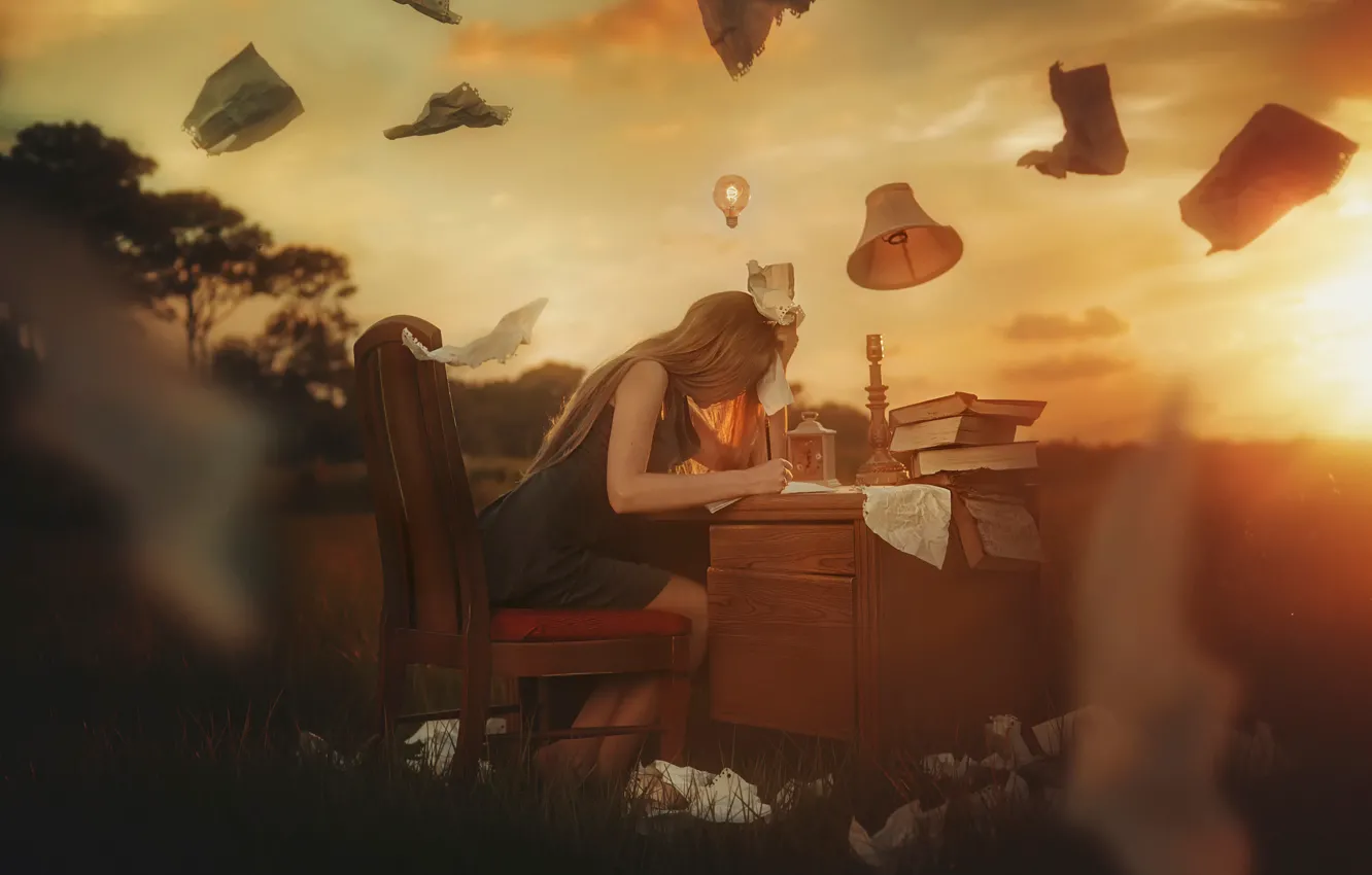 Photo wallpaper girl, paper, table, fantasy, TJ Drysdale