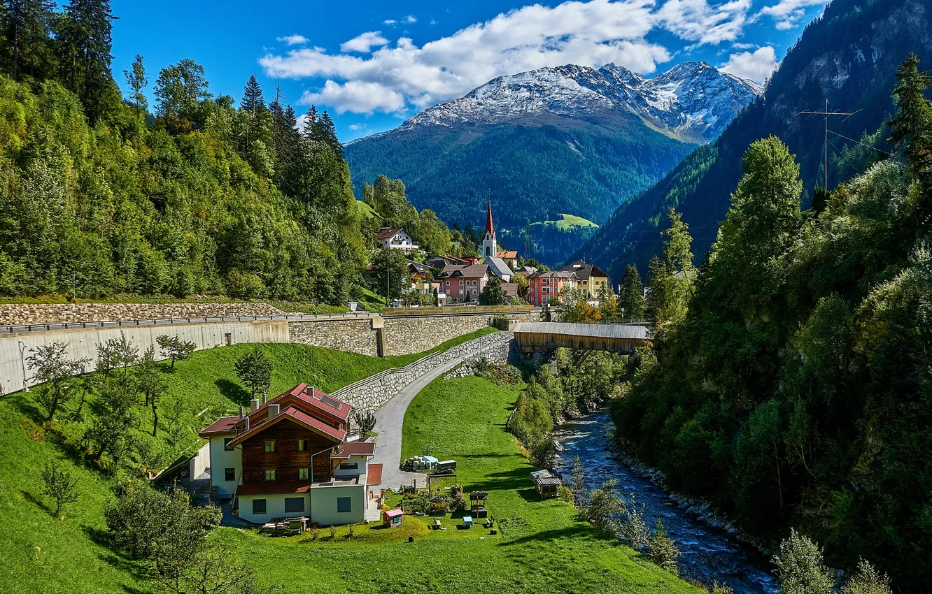 Photo wallpaper road, forest, mountains, river, building, home, Austria, village