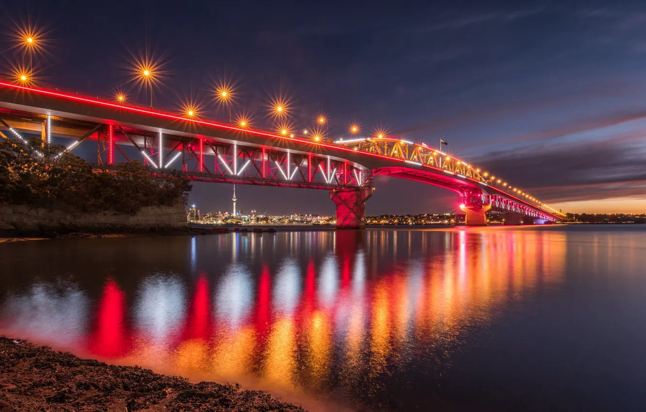 Photo wallpaper bridge, lights, the evening, New Zealand, Auckland