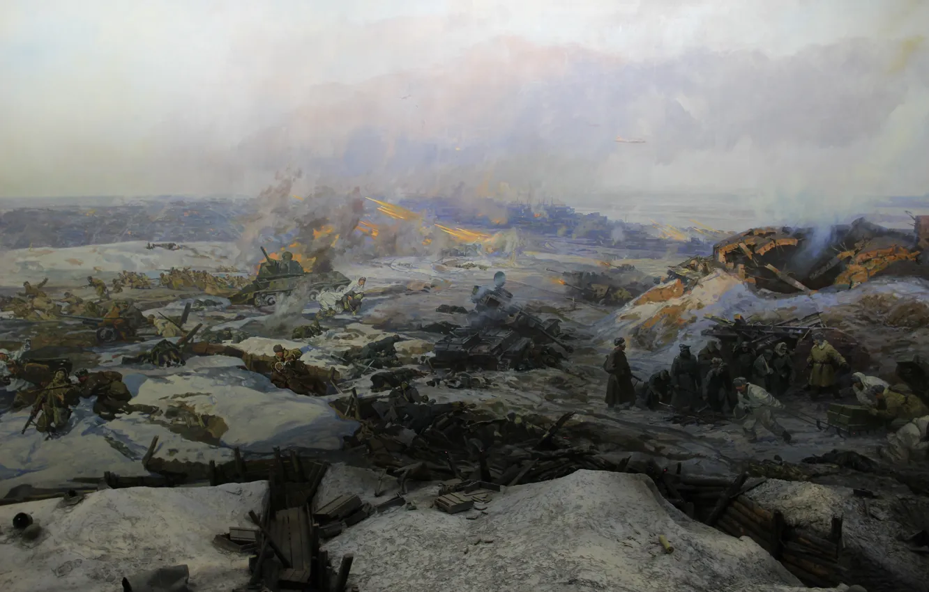 Photo wallpaper Winter, Snow, War, Panorama, Picture, Soldiers, Fragment, Russian