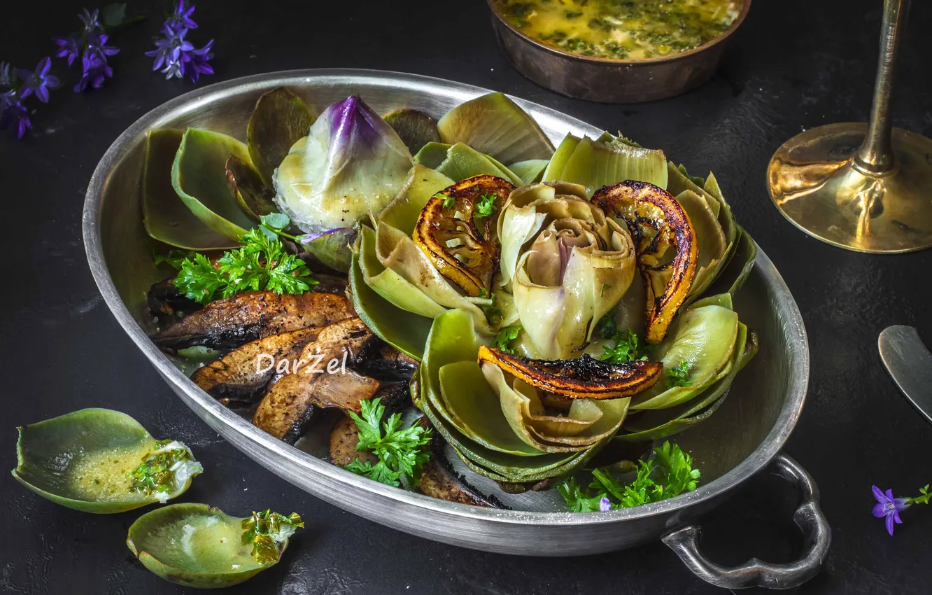 Photo wallpaper meat, dish, artichoke