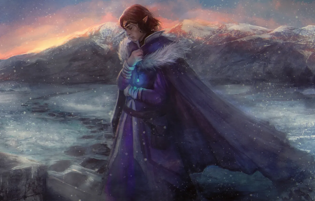 Photo wallpaper snow, mountains, elf, amulet, cloak
