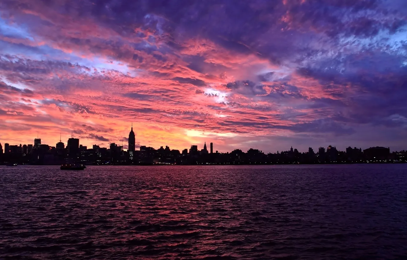 Photo wallpaper sea, the sky, landscape, sunset, the city, horizon, wallpapers