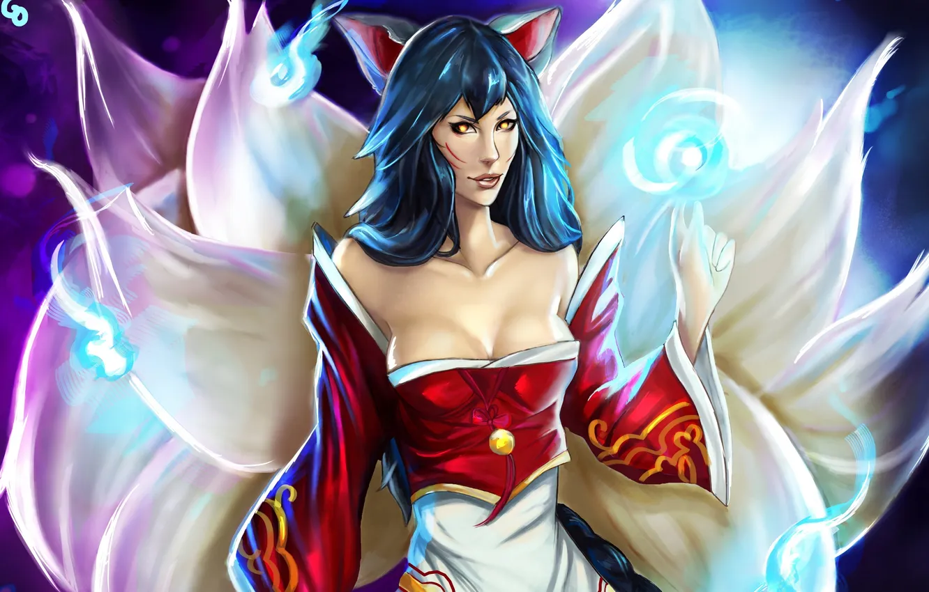 Photo wallpaper girl, magic, tail, League of Legends, Ahri