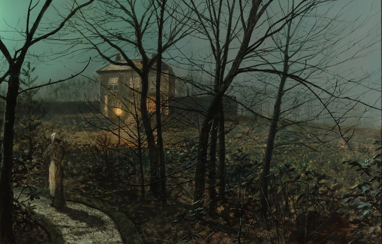 Photo wallpaper picture, painting, painting, 1882, John Atkinson Grimshaw, Woman on a Path by a Cottage