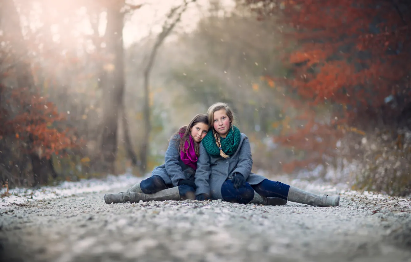 Photo wallpaper road, autumn, snow, children, girls, bokeh