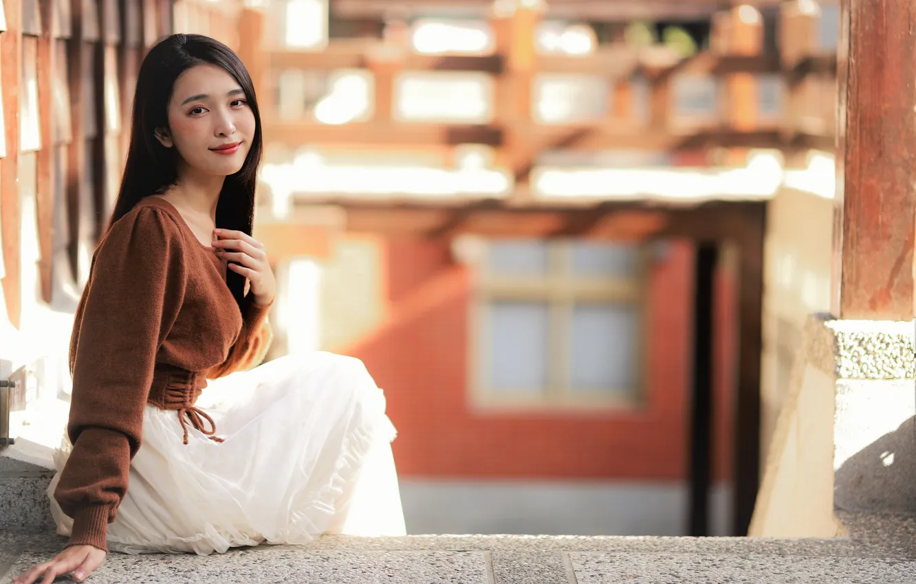 Photo wallpaper look, girl, smile, skirt, blouse, Asian