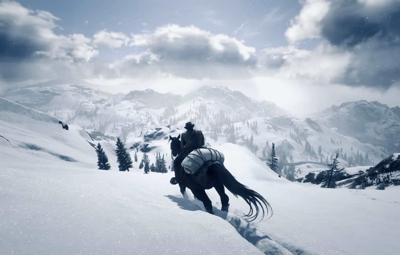 Photo wallpaper HDR, Clouds, Winter, Tree, Mountain, Snow, Game, John Marston