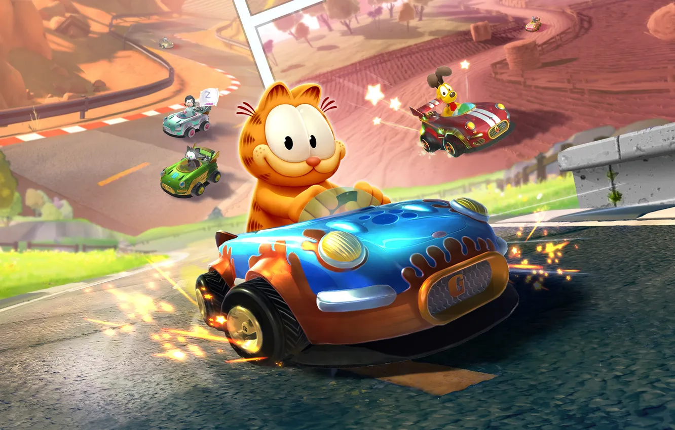 Photo wallpaper car, fire, flame, game, star, smile, cat, stars