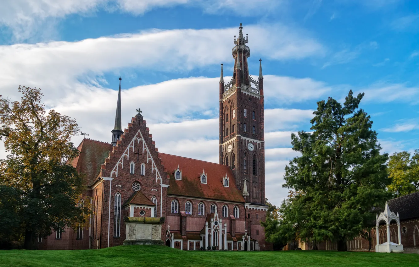Photo wallpaper the sky, grass, clouds, trees, lawn, Germany, Church, Worlitz