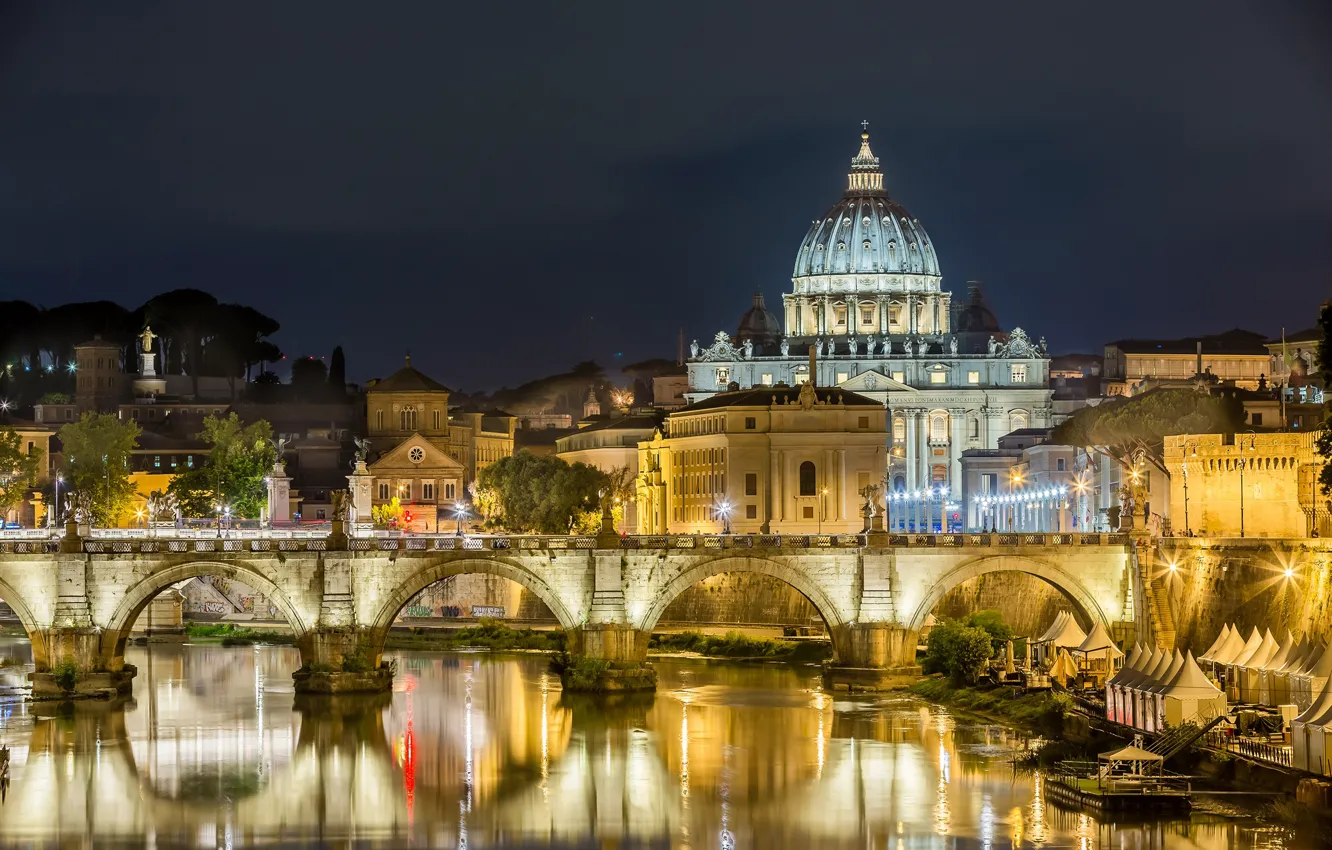 Photo wallpaper trees, night, bridge, lights, river, home, Rome, lights