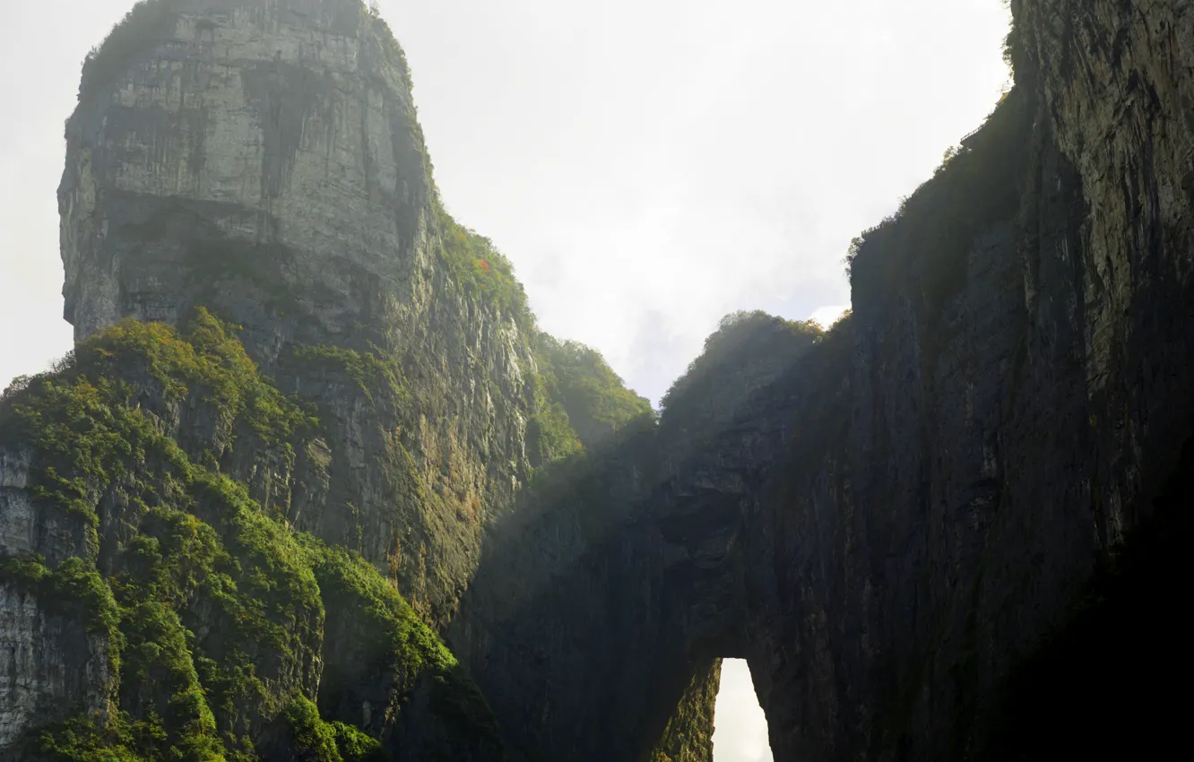 Photo wallpaper clouds, light, mountains, fog, rocks, vegetation, China, China