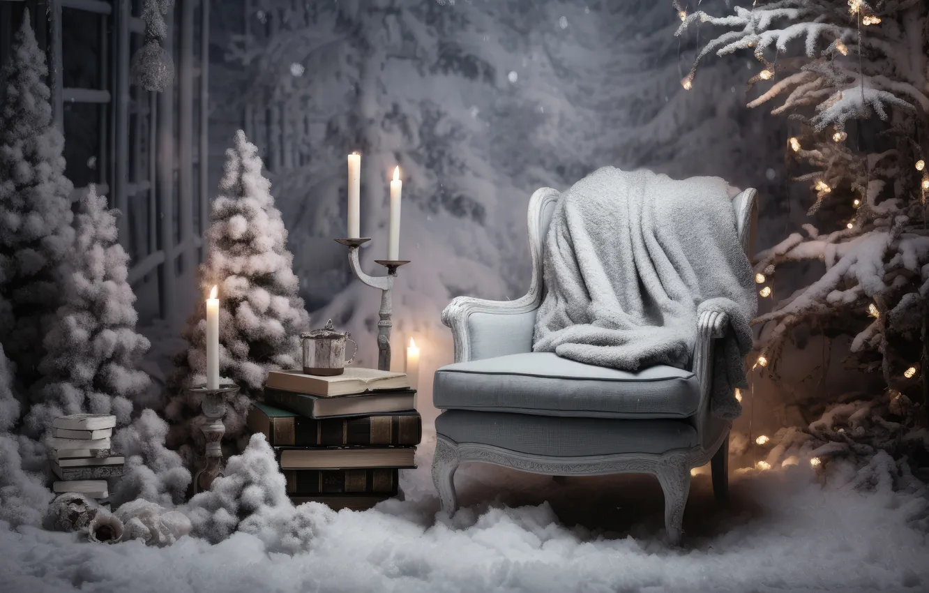 Photo wallpaper winter, frost, snow, decoration, room, tree, new year, interior