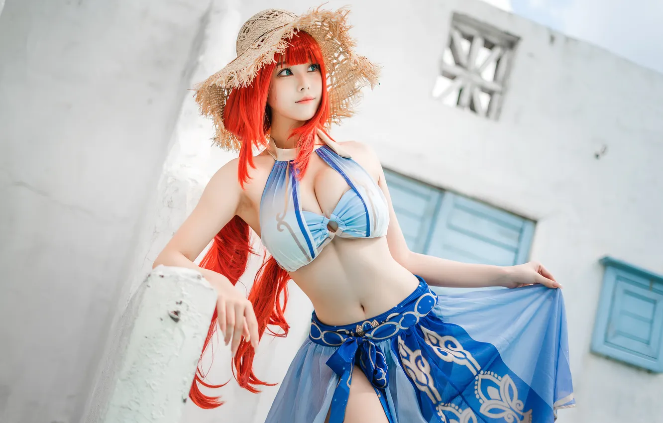 Photo wallpaper model, redhead, cosplay, asian, straw hat, Genshin Impact, Mizhimaoqiu, Nilou (Genshin Impact)