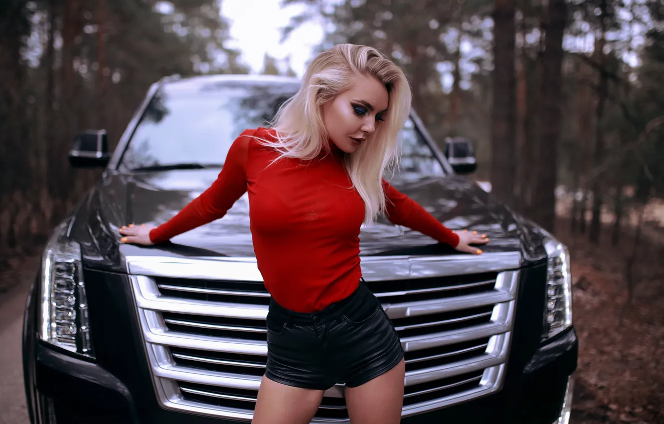Photo wallpaper car, Cadillac, girl, Model, shorts, legs, photo, lips