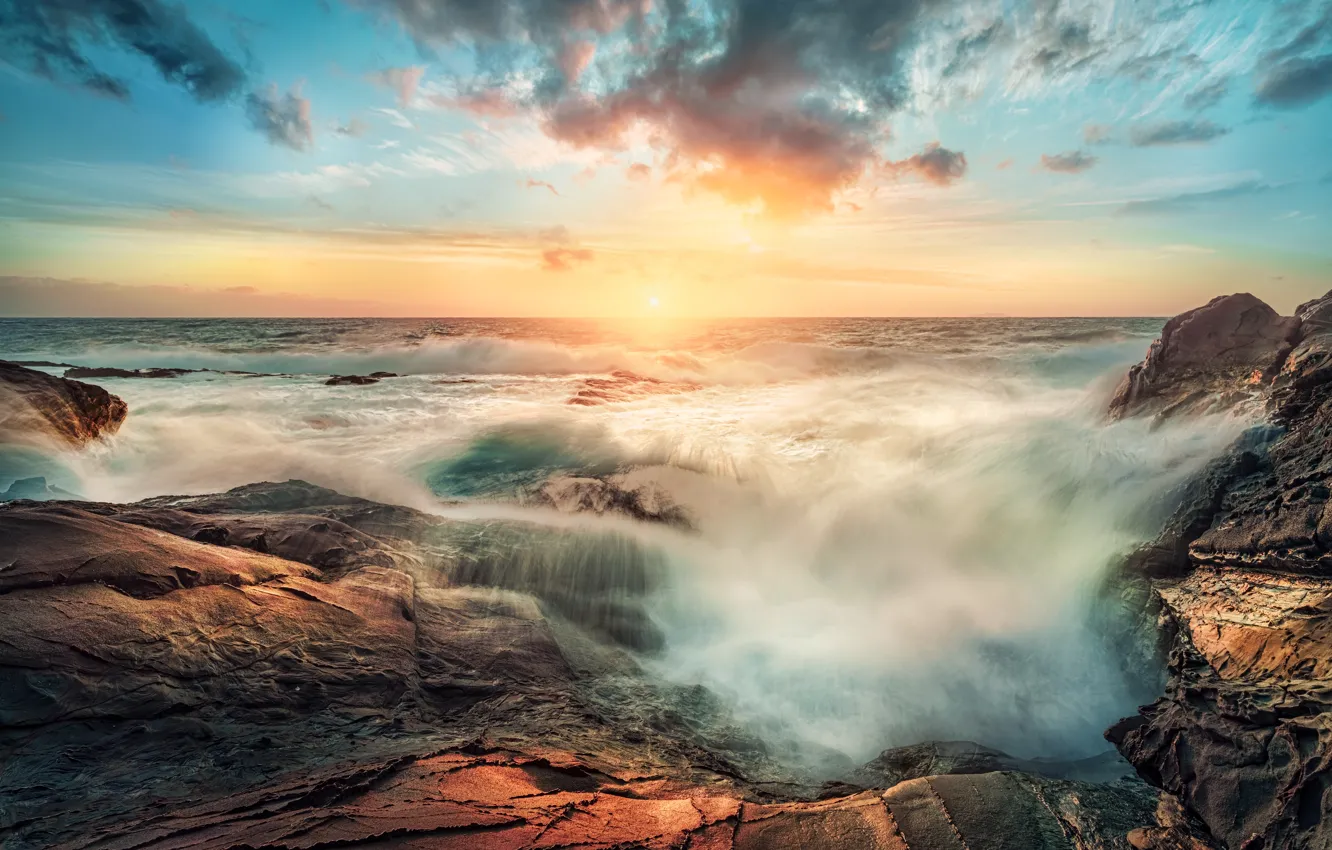 Photo wallpaper sea, wave, the sun, sunset, stones, shore