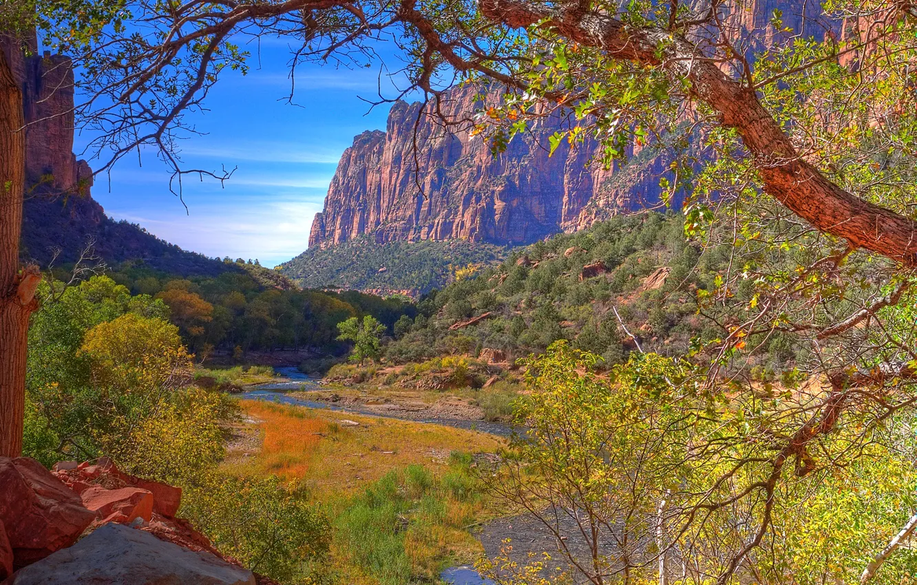 Photo wallpaper the sky, trees, mountains, river, rocks, valley