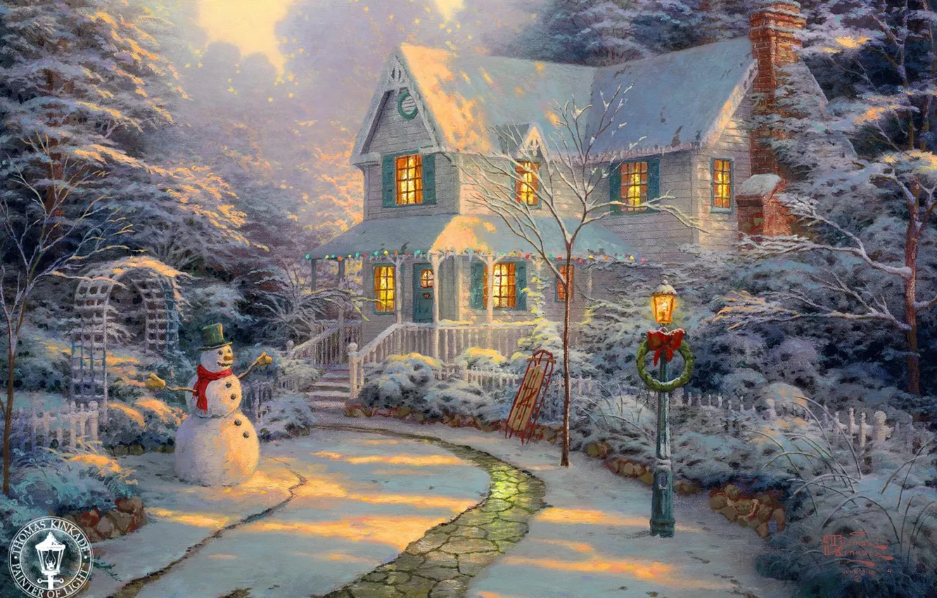 Photo wallpaper sunset, house, holiday, track, lantern, snowman, painting, Christmas
