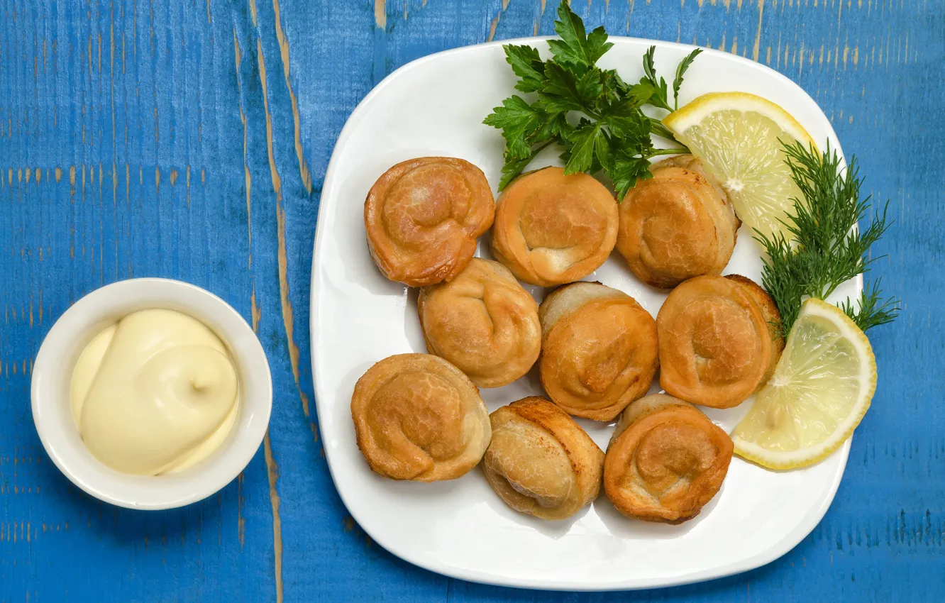 Photo wallpaper lemon, dill, plate, bowl, parsley, sour cream, dumplings, mayonnaise