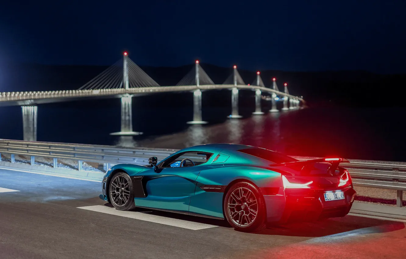 Photo wallpaper bridge, Rimac, hypercar, Rimac Refrigerator, taillights, Refrigerator