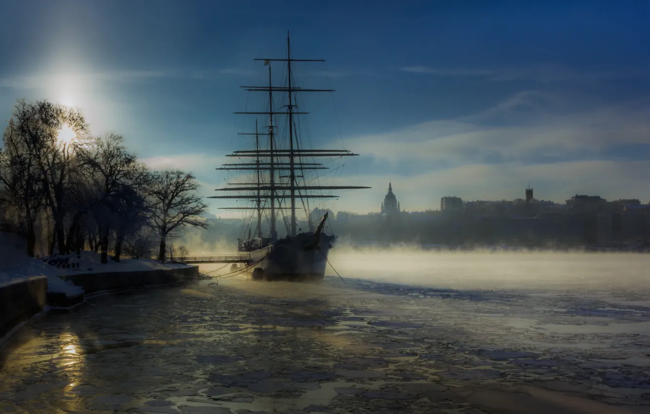 Photo wallpaper fog, ship, Stockholm, Sweden, harbour