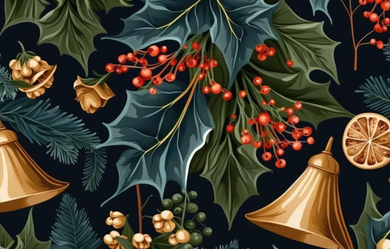 Photo wallpaper leaves, branches, berries, the dark background, new year, texture, fruit, Christmas