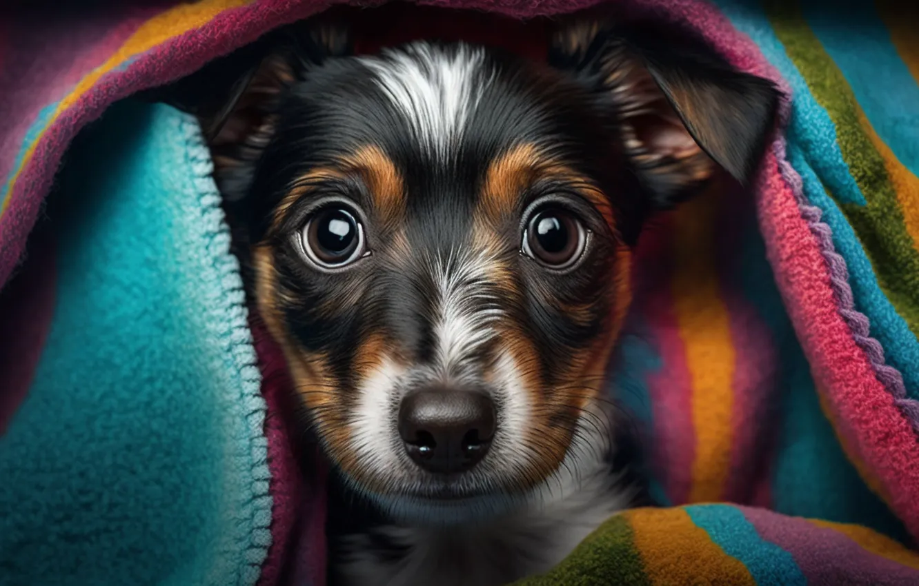 Photo wallpaper eyes, look, dog, puppy, blanket, face, closeup, Terrier