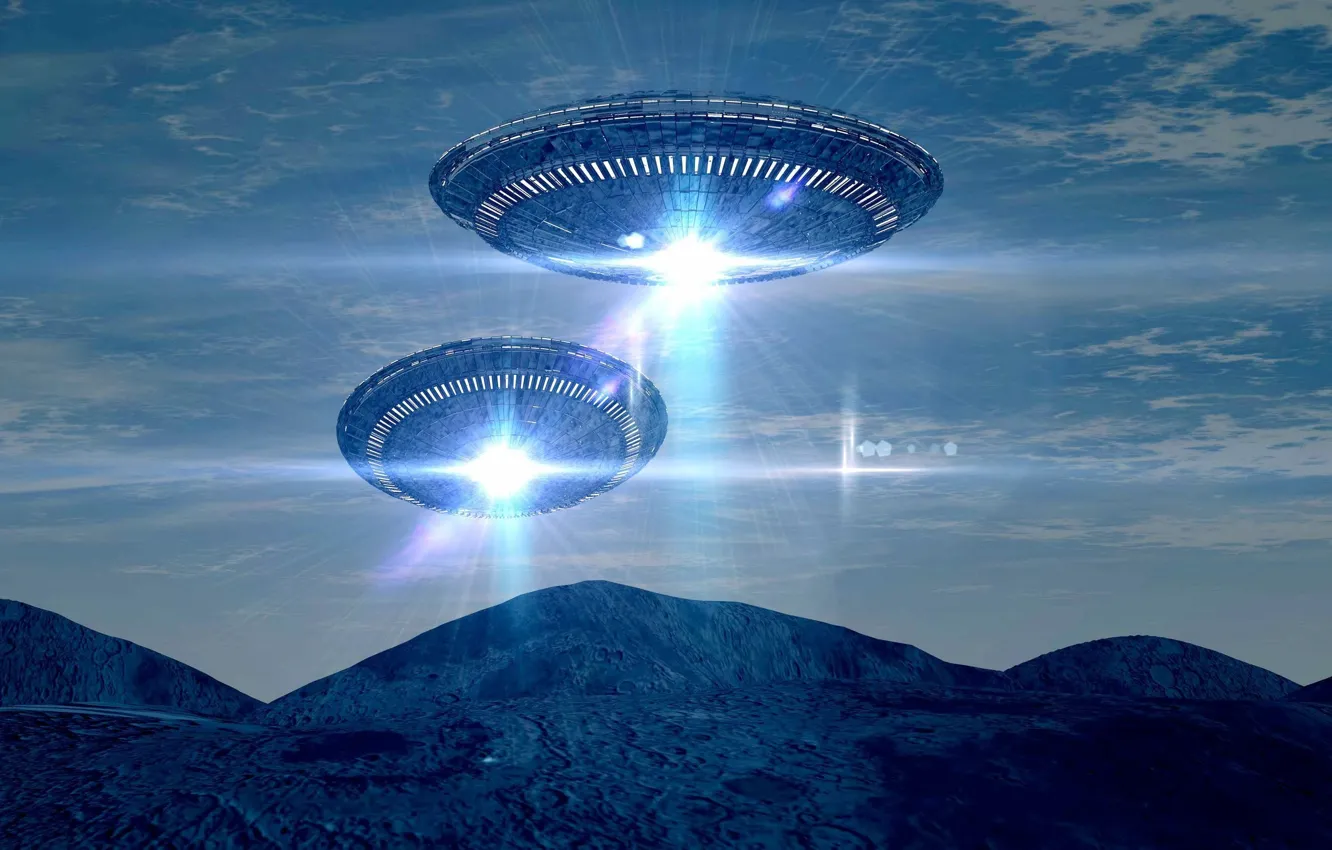 Photo wallpaper UFO, flies, over the mountains