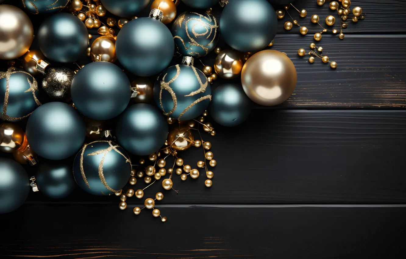 Photo wallpaper decoration, the dark background, balls, new year, Christmas, dark, golden, Christmas