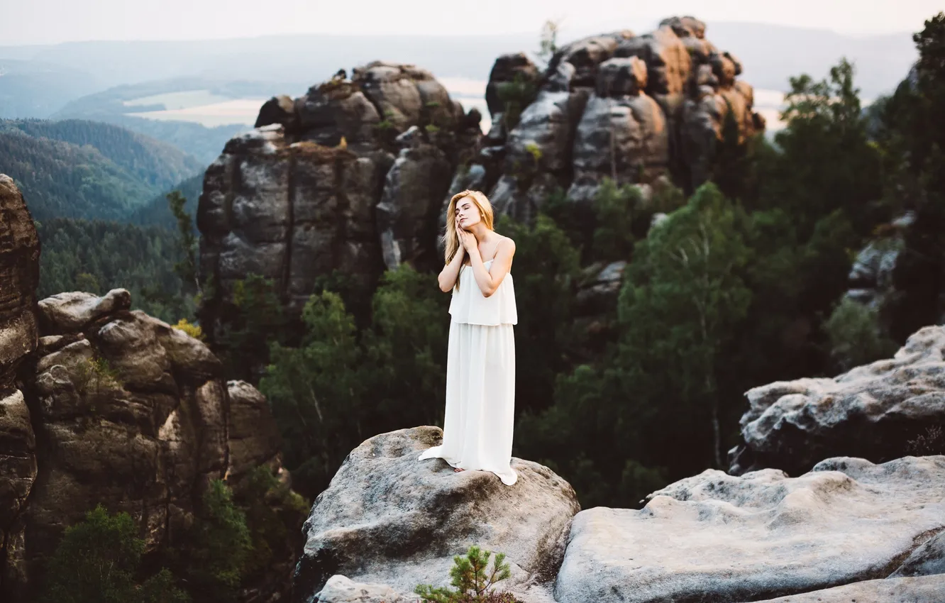 Photo wallpaper white, mountains, dress, blonde