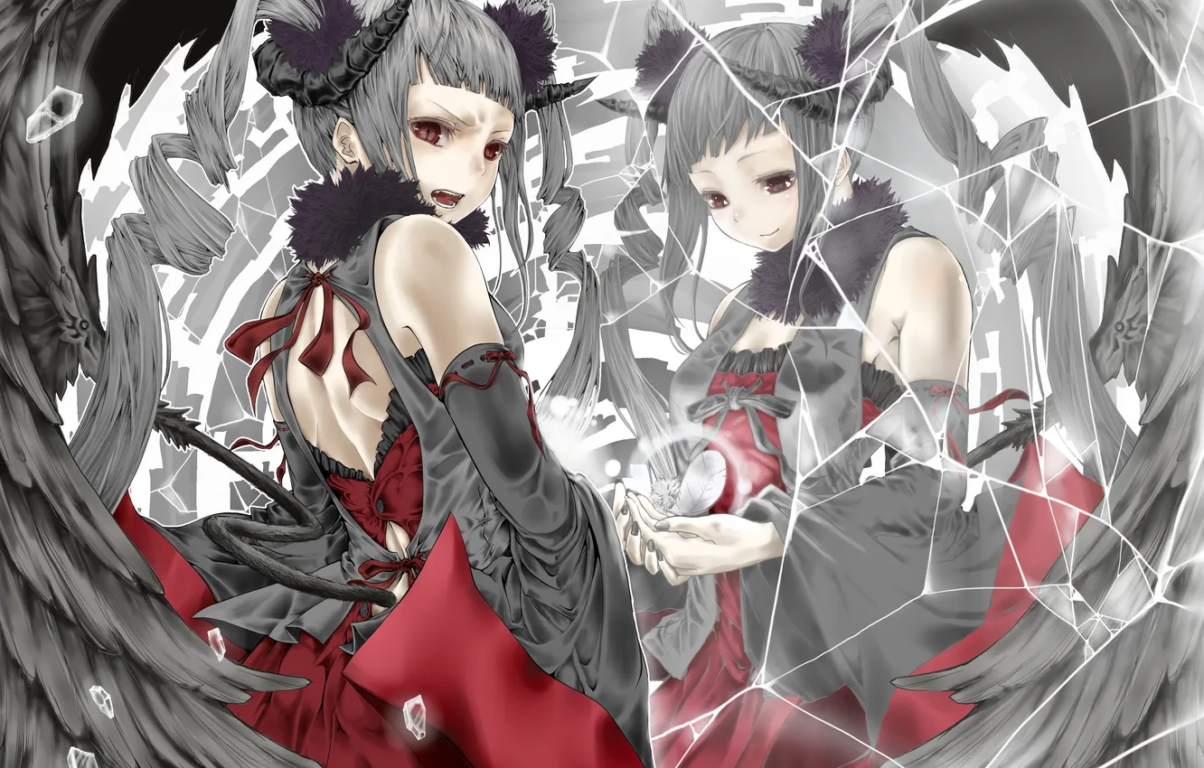 Photo wallpaper girl, reflection, welcome, wings, the demon, horns, evil, the expression