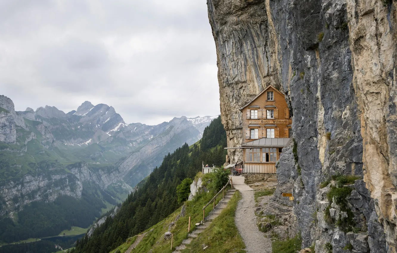 Photo wallpaper mountains, house, open, rocks, the building, ladder, steps