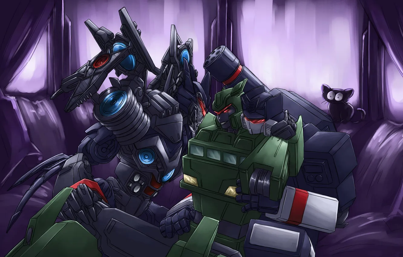 Photo wallpaper cat, the proximity, robot, Transformers, gun, three, confusion, necking