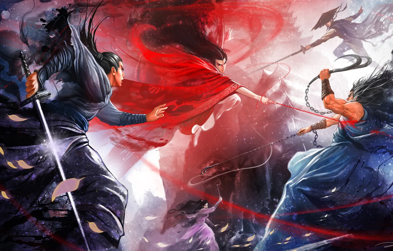 Photo wallpaper mountains, glare, weapons, blood, building, petals, Warriors, fight
